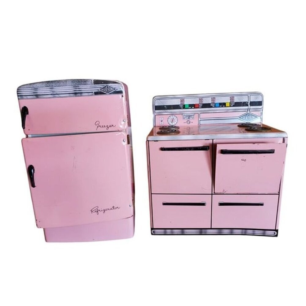 Vintage 1950s Wolverine Pink Tin Litho Toy Kitchen Refrigerator and Stove READ
